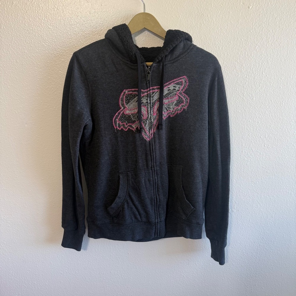 FOX Size Large Gray Pink Graphic Sherpa Hood Full Zip Grunge Y2K Winter Punk